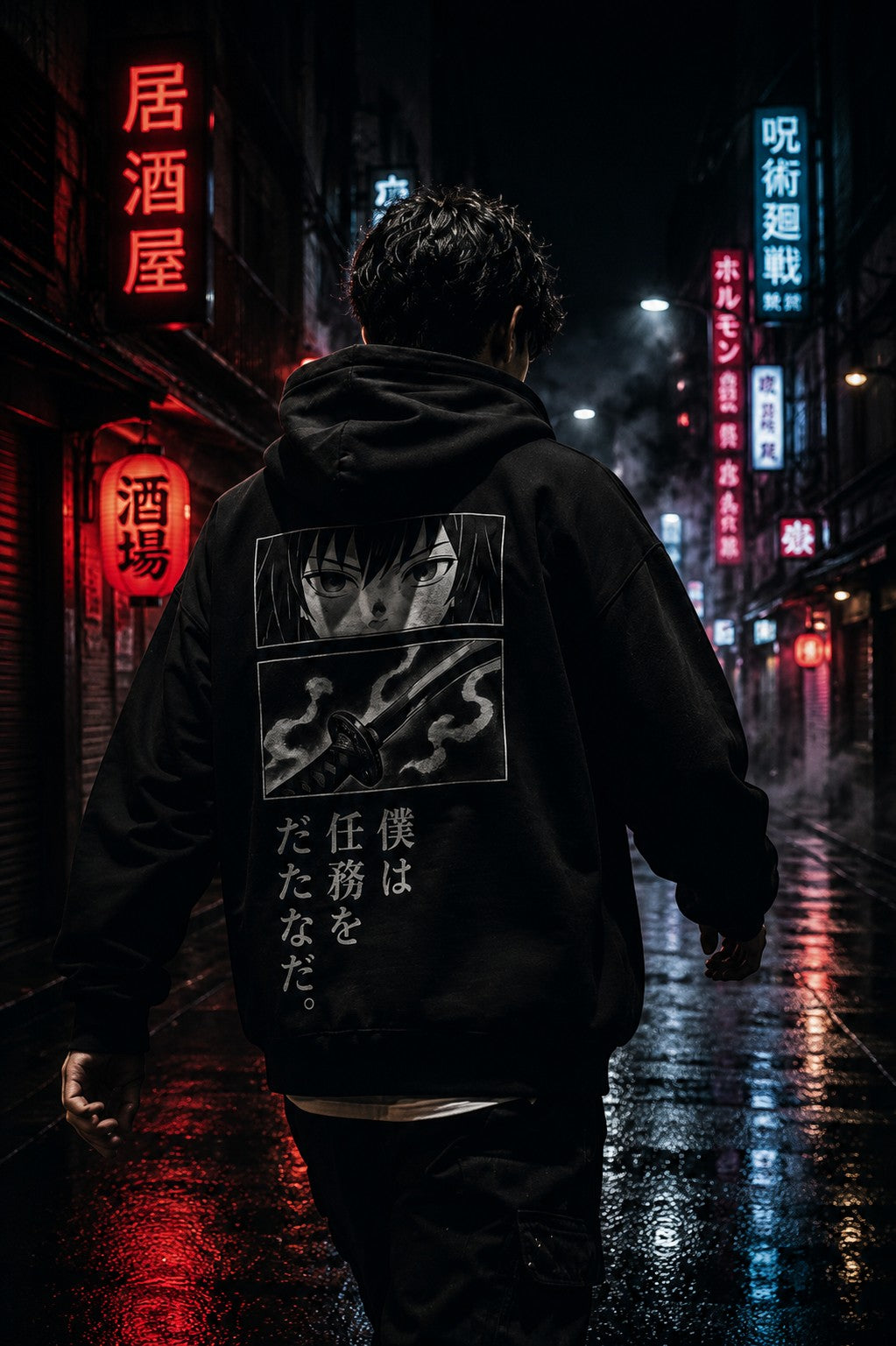 Drip&Verse black heavyweight fleece hoodie with manga art on the back and Japanese text. Boxy fit, unisex streetwear.