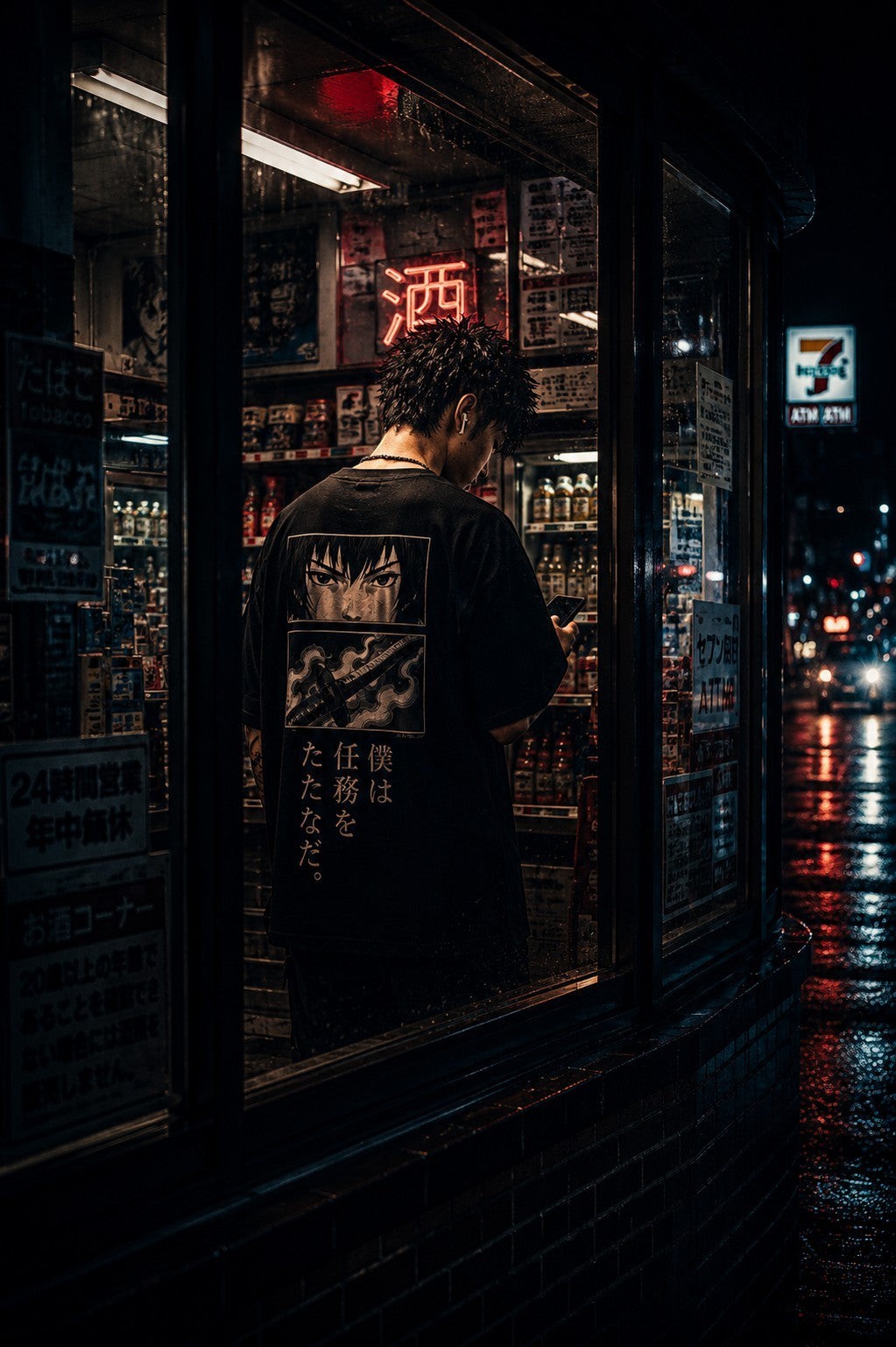 Drip&Verse black 100% cotton oversized tee with drop shoulders, featuring manga art of eyes and a sword on the back and Japanese text on the chest.
