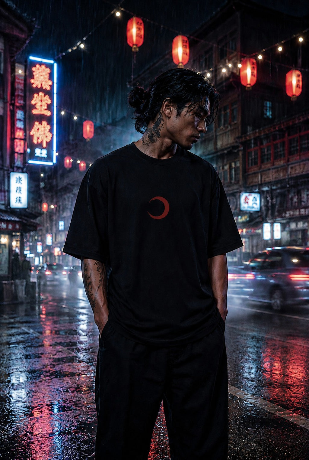Drip&Verse black oversized cotton t-shirt with a red crescent moon graphic on the chest, worn by a man in a rainy, neon-lit city street.
