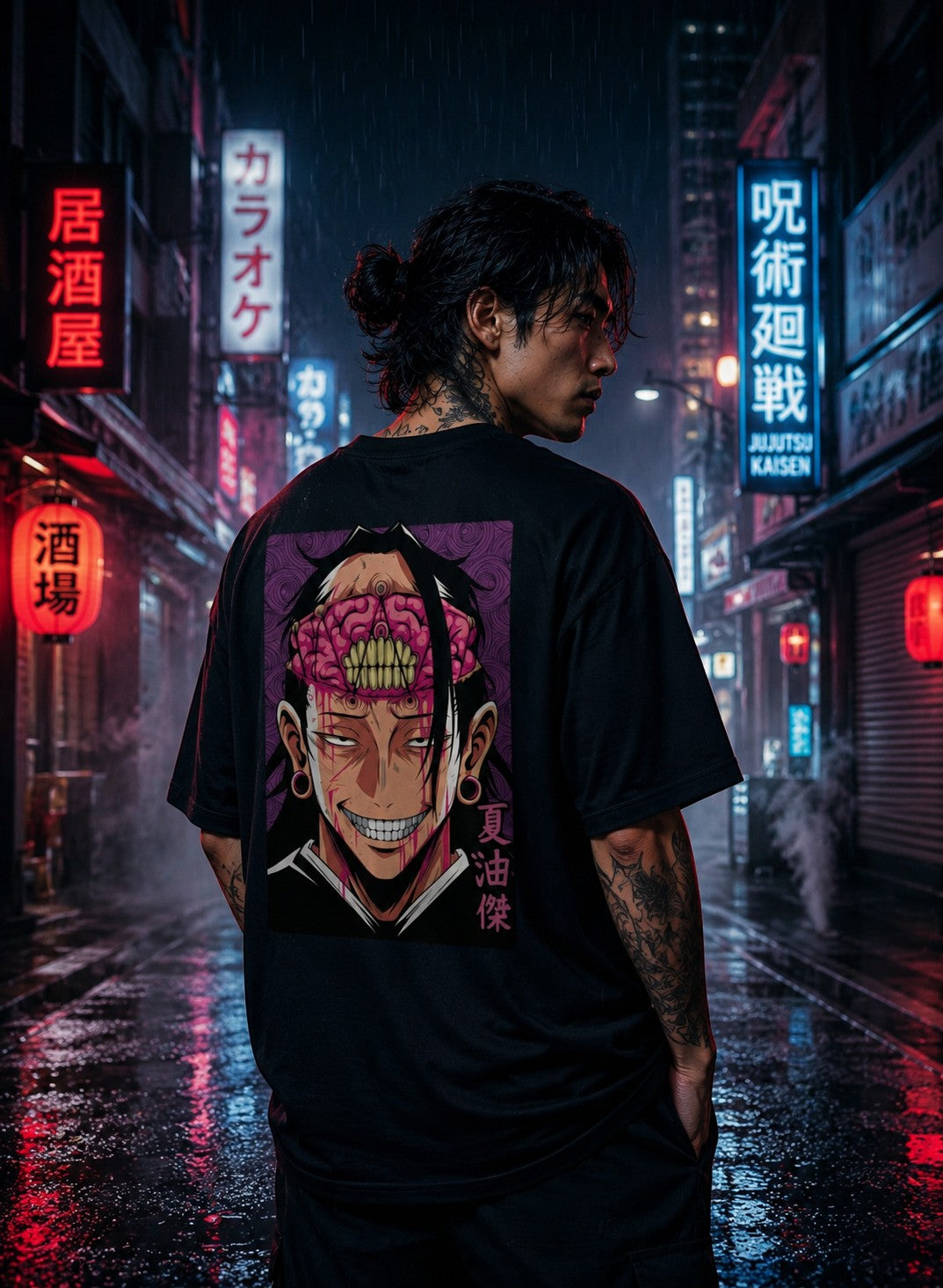 Drip&Verse black 100% cotton oversized tee with a graphic print of a grinning character with exposed brain and purple swirl background.