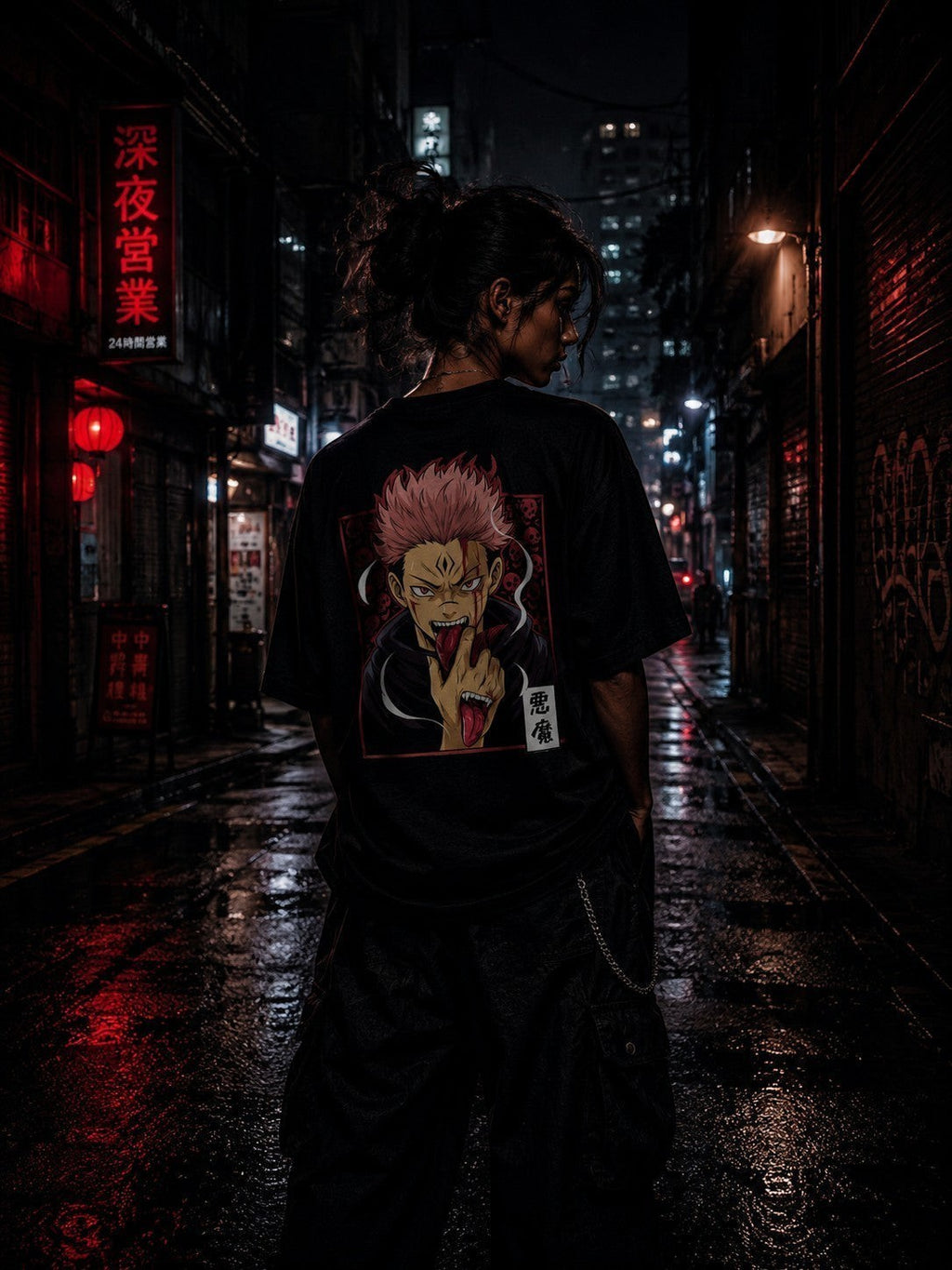 Drip&Verse black 100% cotton oversized t-shirt with a graphic print of a red-eyed demon with pink hair and fangs. Model wears it in a dark, rainy alley.
