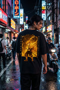 Drip&Verse black 100% cotton oversized t-shirt with drop shoulders, featuring a full-color back print of a lightning warrior and dragon, with Japanese text.