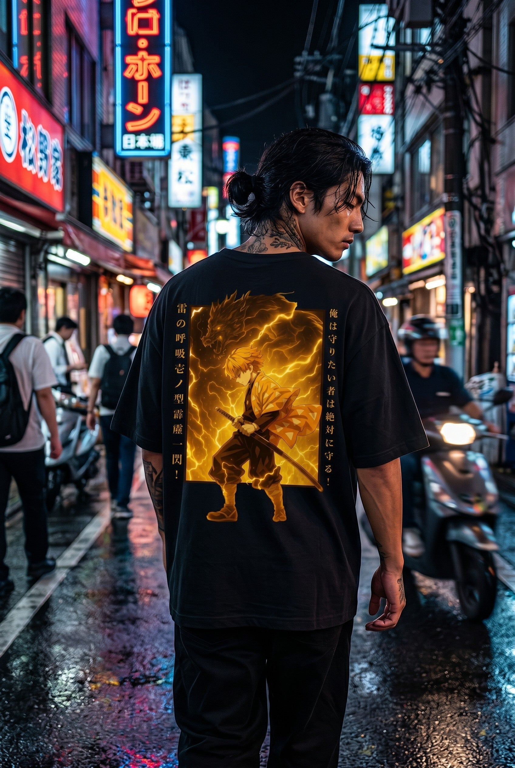 Drip&Verse black 100% cotton oversized t-shirt with drop shoulders, featuring a full-color back print of a lightning warrior and dragon, with Japanese text.