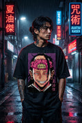 Drip&Verse black 100% cotton oversized tee with a graphic print of a character with an exposed brain and grinning teeth on a purple swirl background.