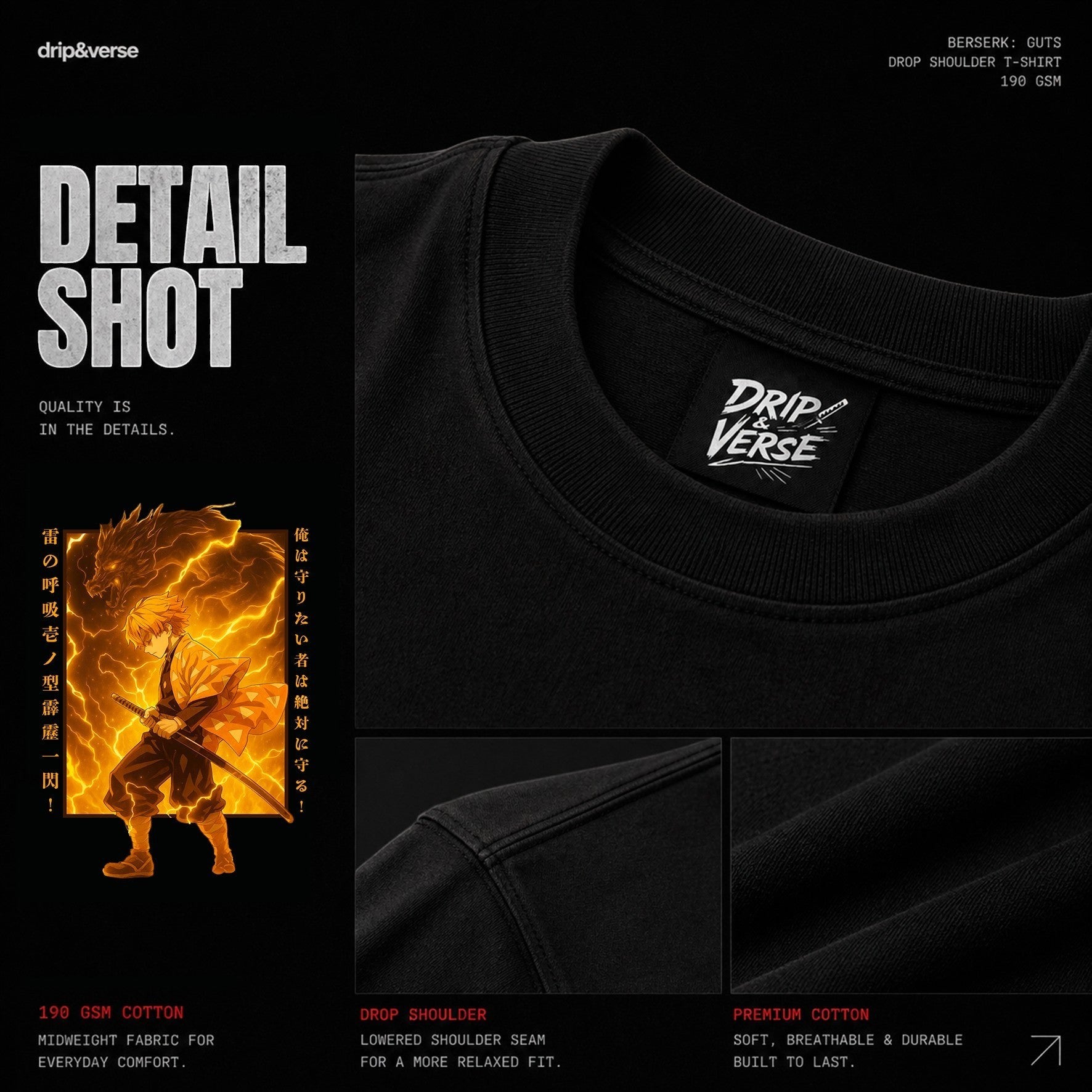 Drip&Verse black 100% cotton oversized drop shoulder t-shirt with full-color back print of a lightning warrior and dragon, and gold Japanese text.