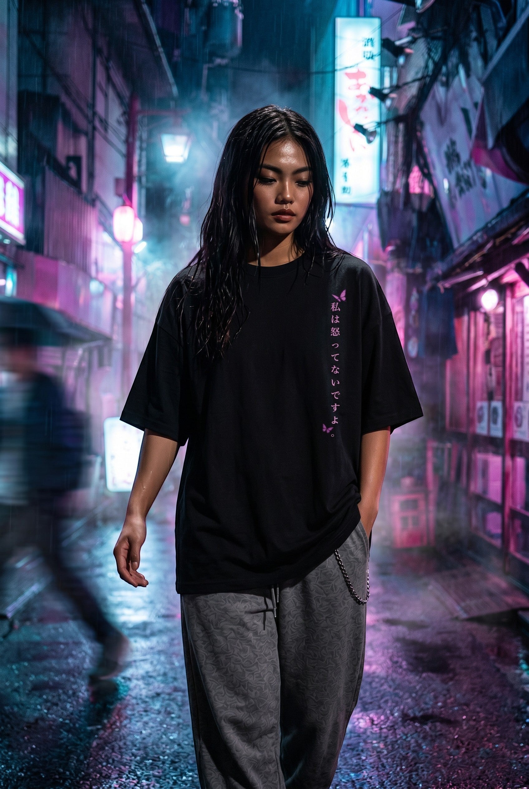 Drip&Verse black 100% cotton oversized drop shoulder t-shirt with vertical purple Japanese text and butterfly graphic on left chest.