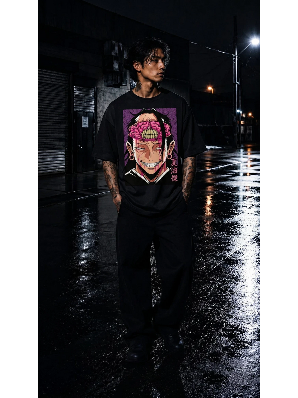 Drip&Verse black 100% cotton oversized tee with a graphic print of a character with exposed brain and a purple swirl background.
