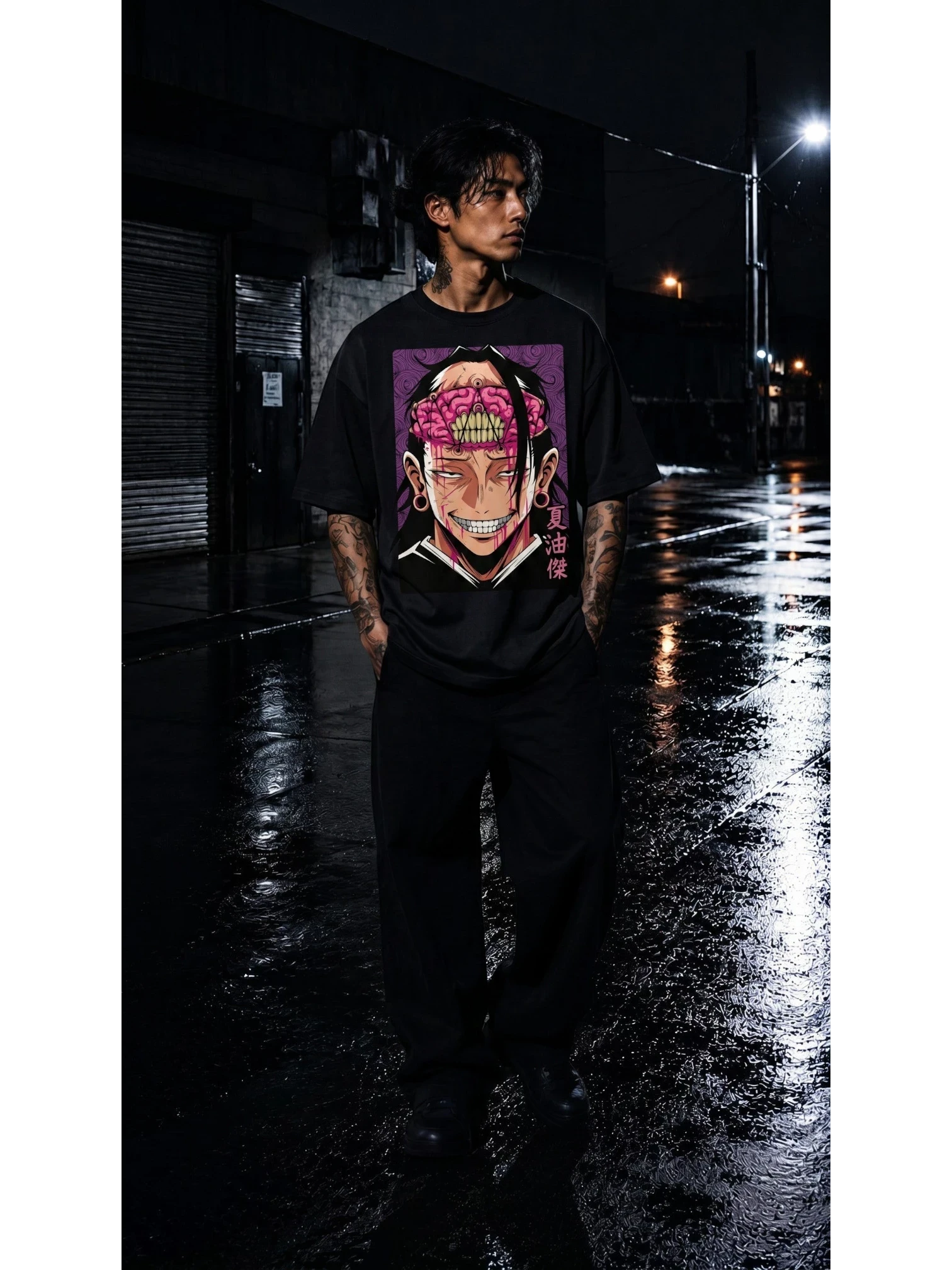 Drip&Verse black 100% cotton oversized tee with a graphic print of a character with exposed brain and a purple swirl background.