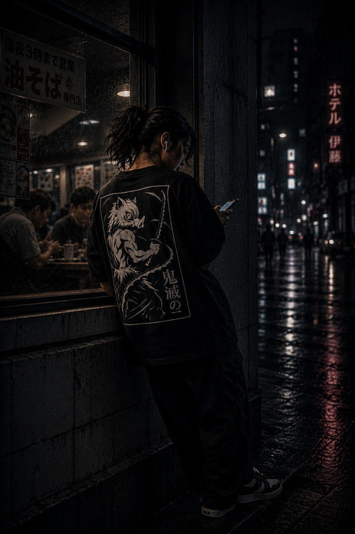 Drip&Verse black 100% cotton oversized graphic tee with anime-inspired ink art on back. Loose fit, drop shoulder.