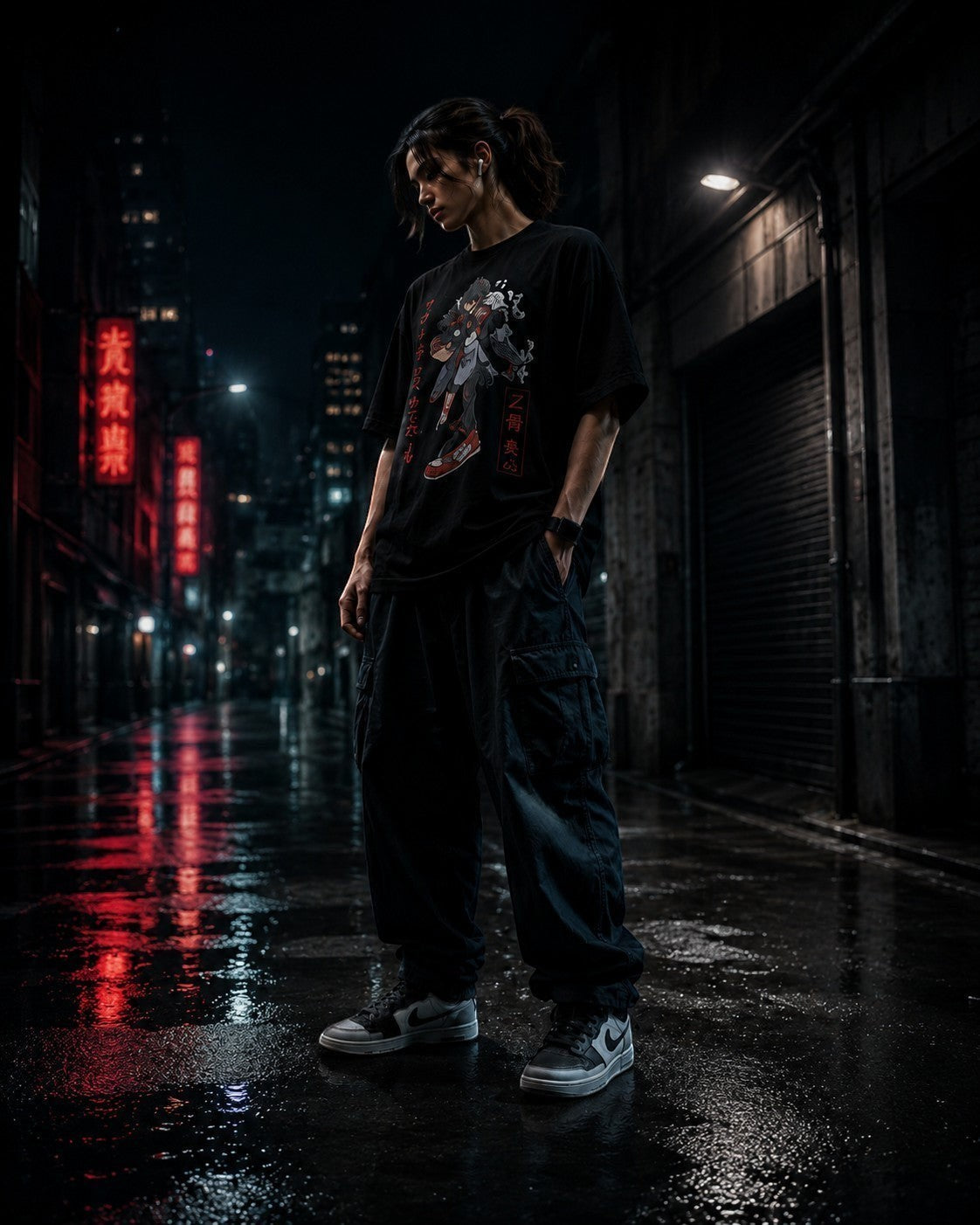 Drip&Verse black 100% cotton oversized graphic tee with anime-style print and Japanese text. Model wears it with cargo pants.