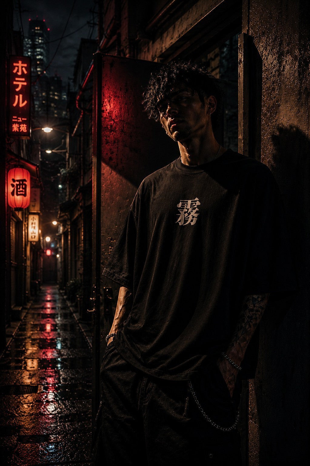 Drip&Verse black 100% cotton oversized t-shirt with drop shoulder and Japanese Kanji print on chest. Model in urban alley setting.