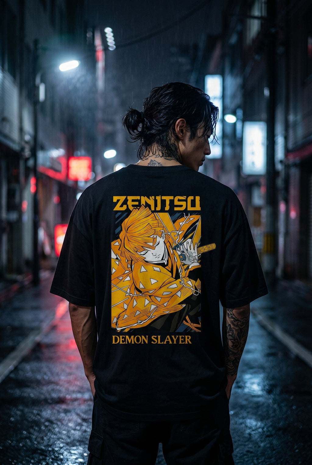 Drip&Verse black 100% cotton oversized t-shirt with a graphic print of Zenitsu from Demon Slayer in a golden haori.
