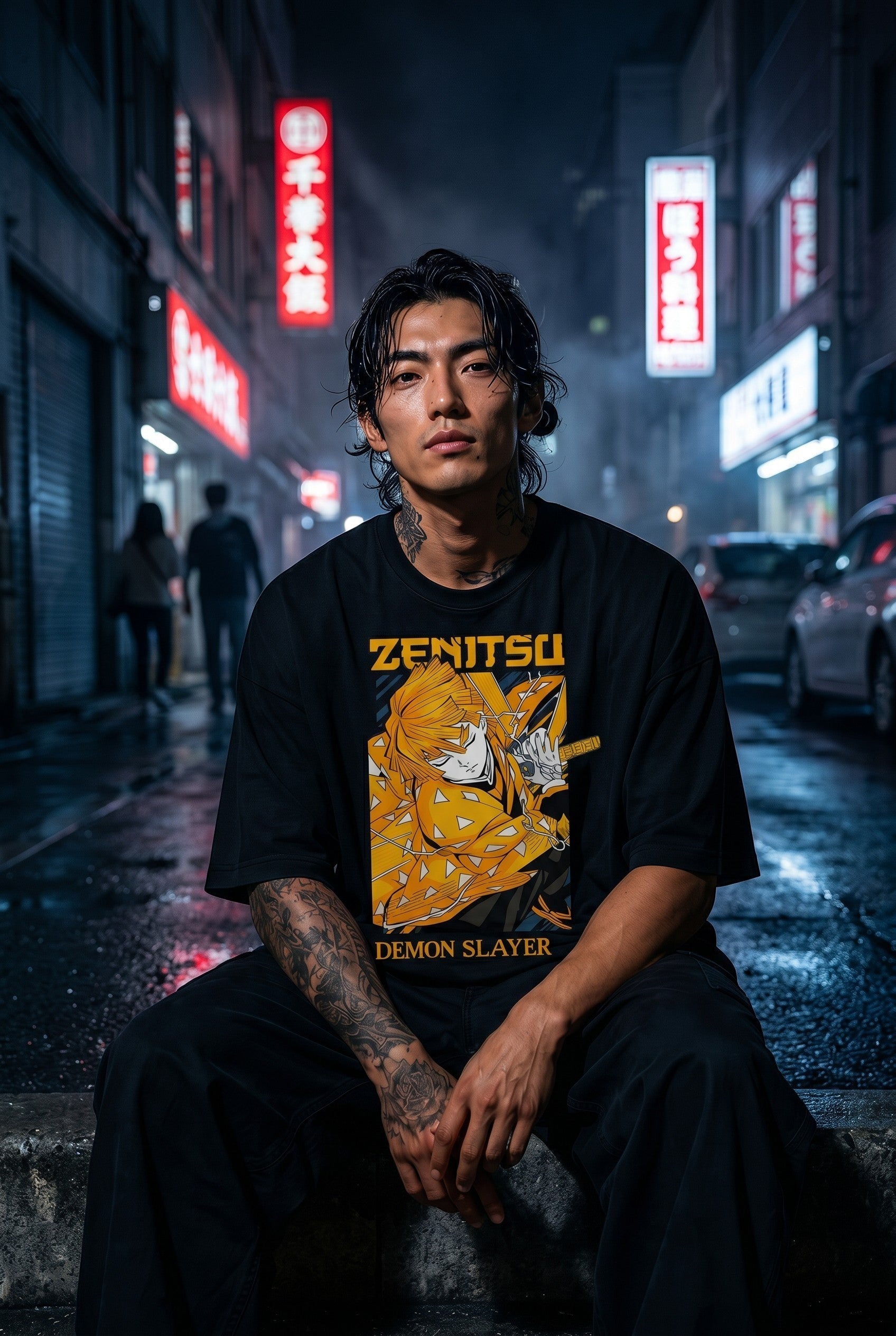 Drip&Verse black 100% cotton oversized t-shirt with a graphic print of Zenitsu from Demon Slayer in a golden haori.