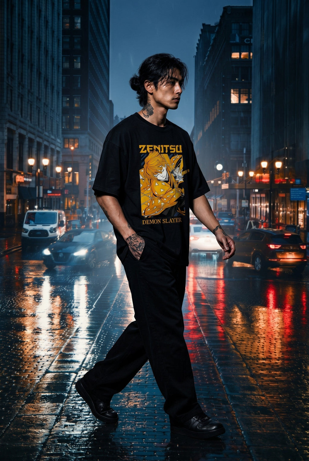 Drip&Verse black 100% cotton oversized t-shirt with a graphic print of Zenitsu from Demon Slayer in a golden haori.