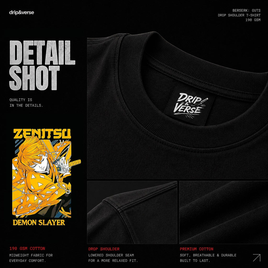 Drip&Verse black 100% cotton 190 GSM oversized drop shoulder t-shirt with a Demon Slayer Zenitsu graphic print on the front.
