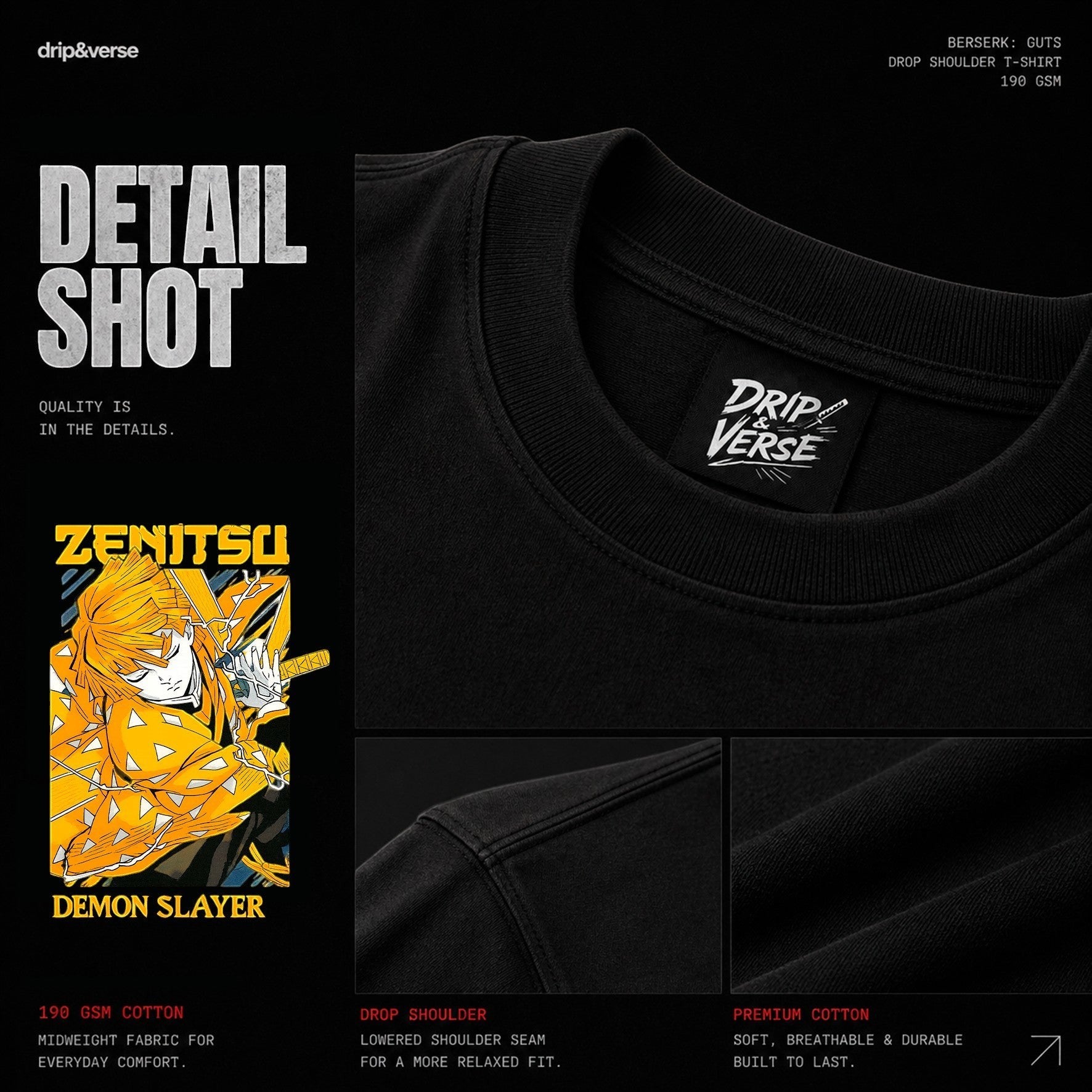 Drip&Verse black 100% cotton 190 GSM oversized drop shoulder t-shirt with a Demon Slayer Zenitsu graphic print on the front.