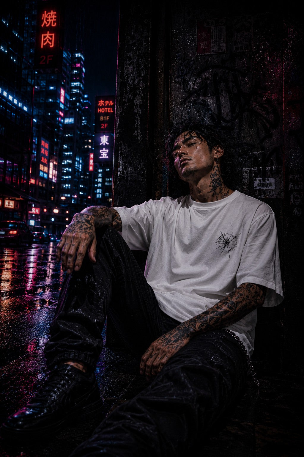 Drip&Verse Fragment Tee: White 100% cotton oversized t-shirt with a cracked graphic on the front and staggered portraits on the back. Model is 5'11" wearing size M.
