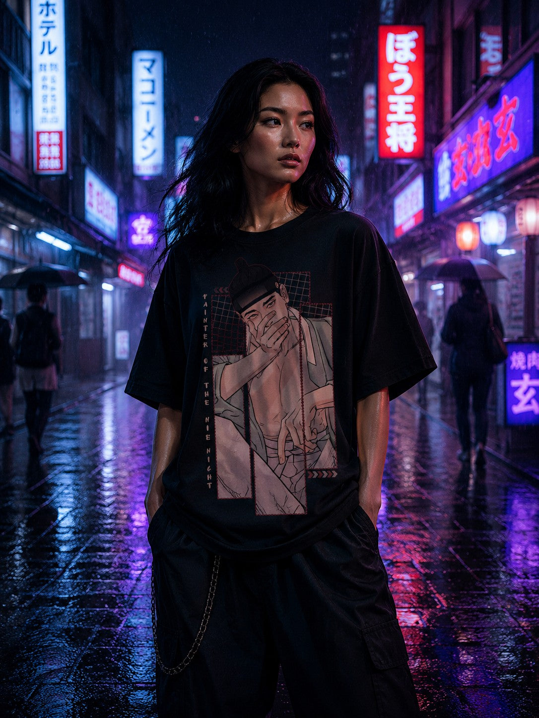 Drip&Verse black oversized 100% cotton tee with a graphic print of a man covering his smirk, set against a rainy, neon-lit street.