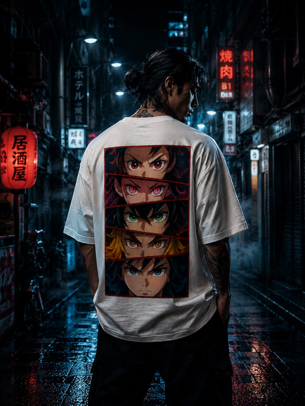 Drip&Verse white 100% cotton oversized tee with a full-color anime-inspired back print of stacked eyes. Drop shoulder, crew neck.