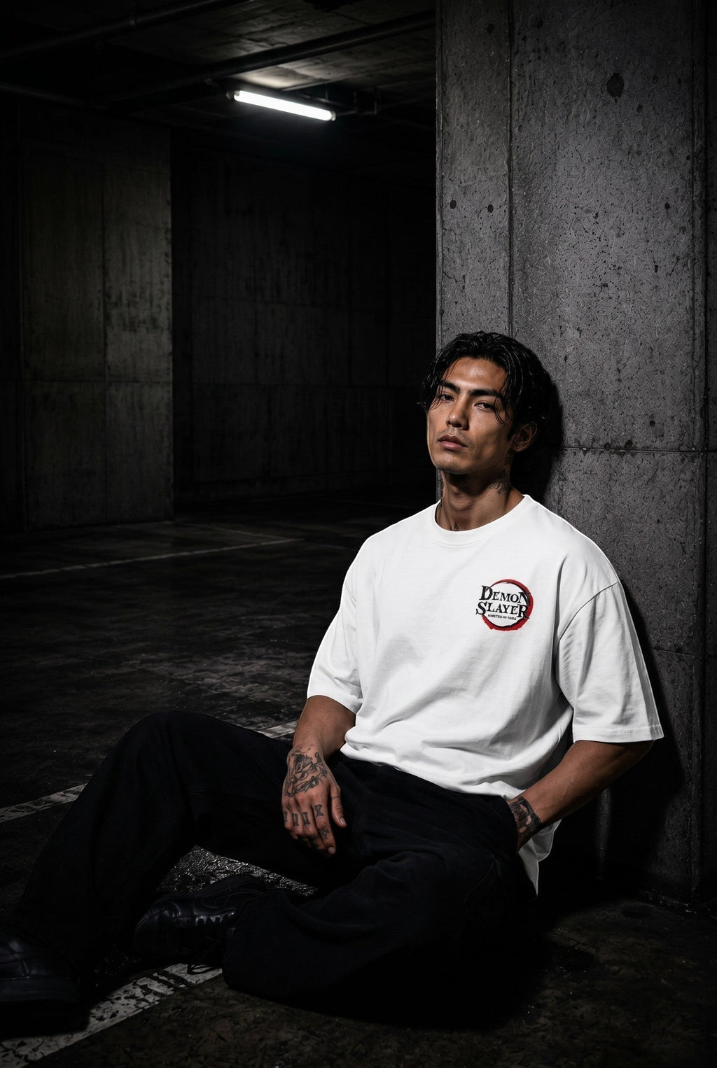 Drip&Verse white 100% cotton oversized drop shoulder t-shirt with Demon Slayer logo on chest.