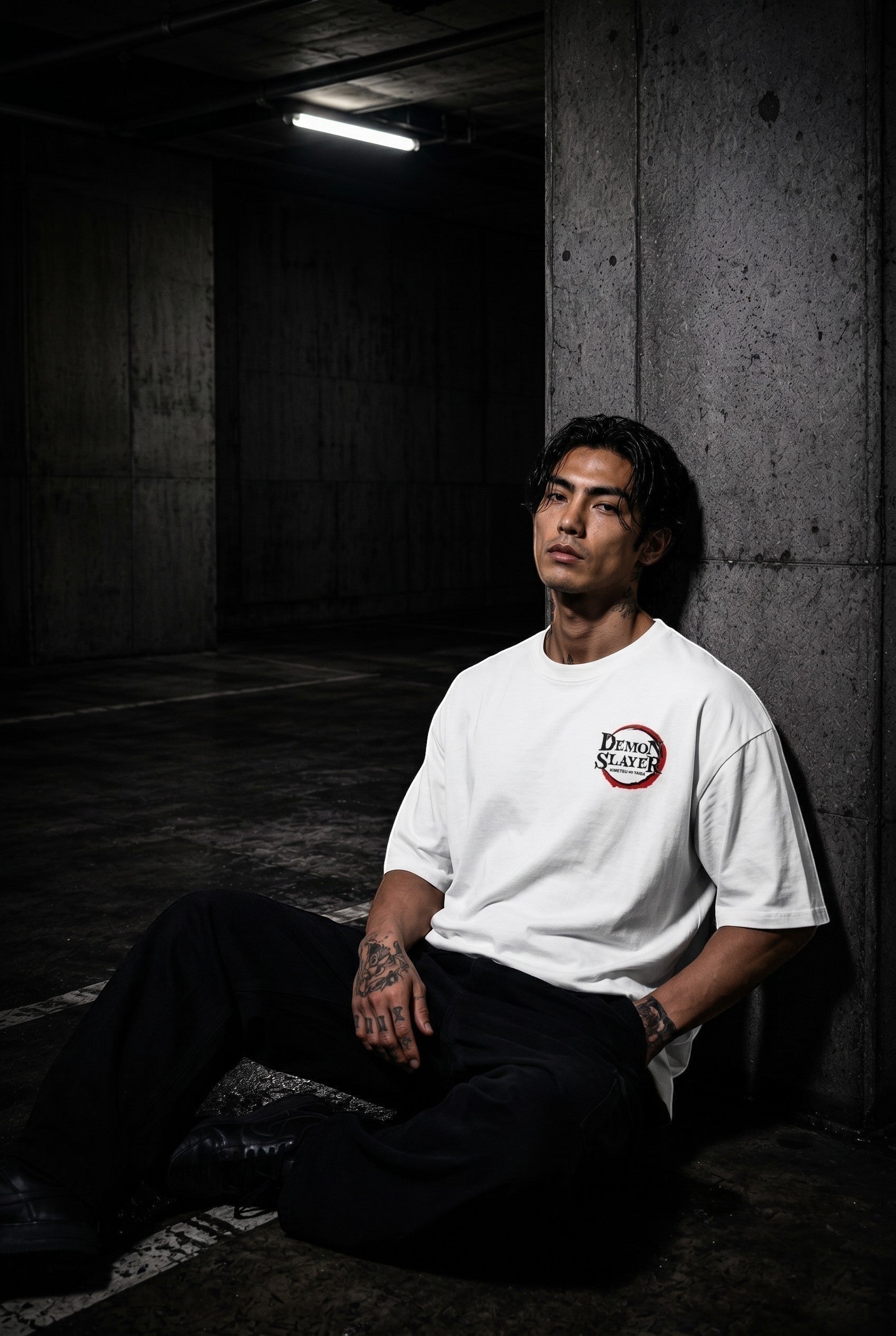 Drip&Verse white 100% cotton oversized drop shoulder t-shirt with Demon Slayer logo on chest.