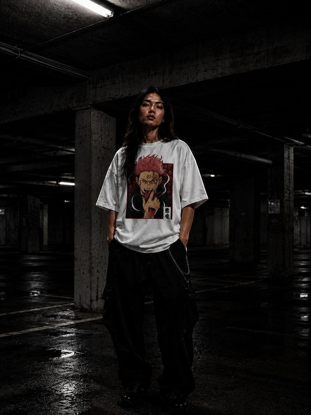 Drip&Verse white 100% cotton oversized t-shirt with a graphic print of a red-haired anime character with a skull background.