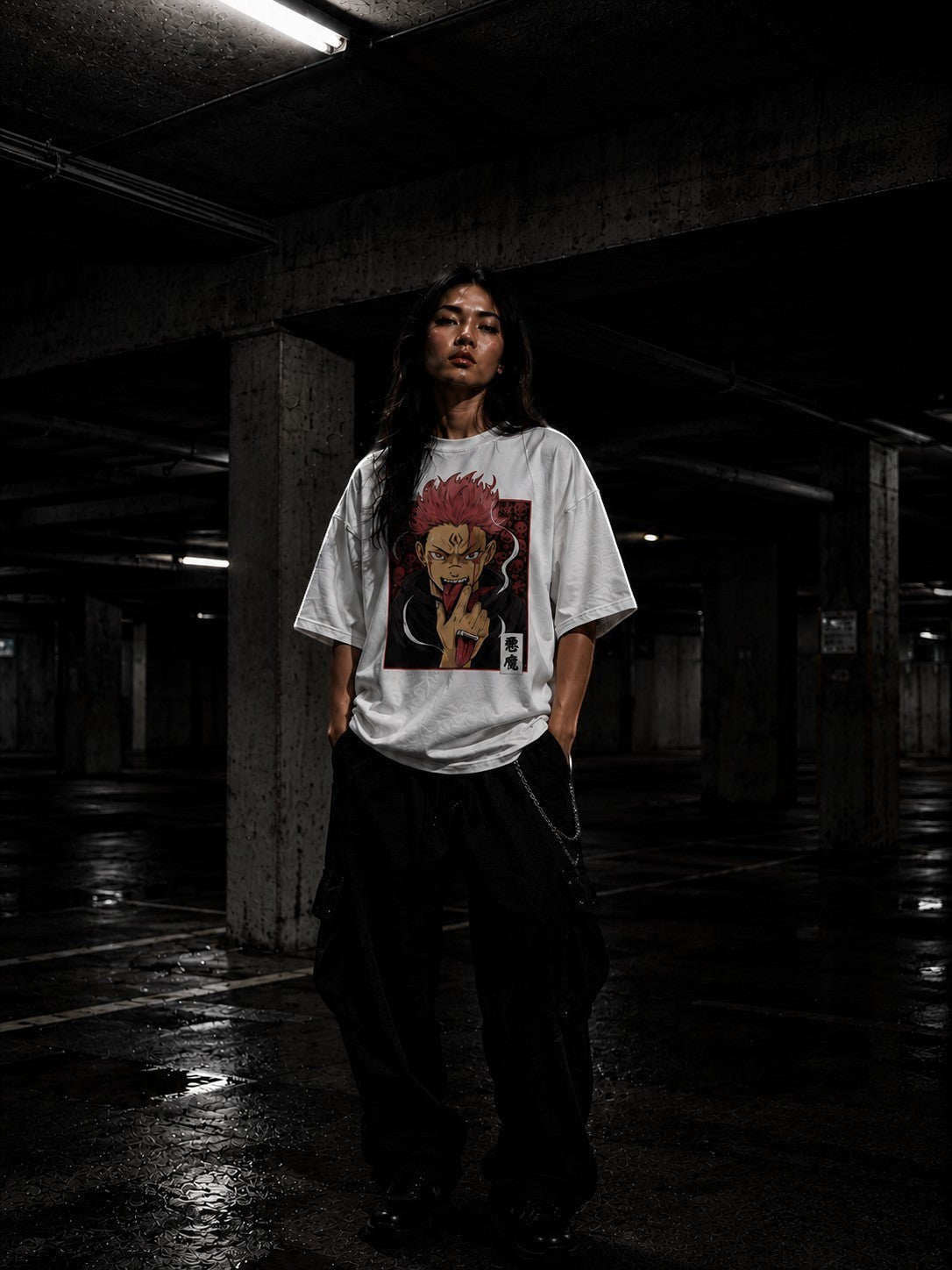 Drip&Verse white 100% cotton oversized t-shirt with a graphic print of a red-haired anime character with a skull background.