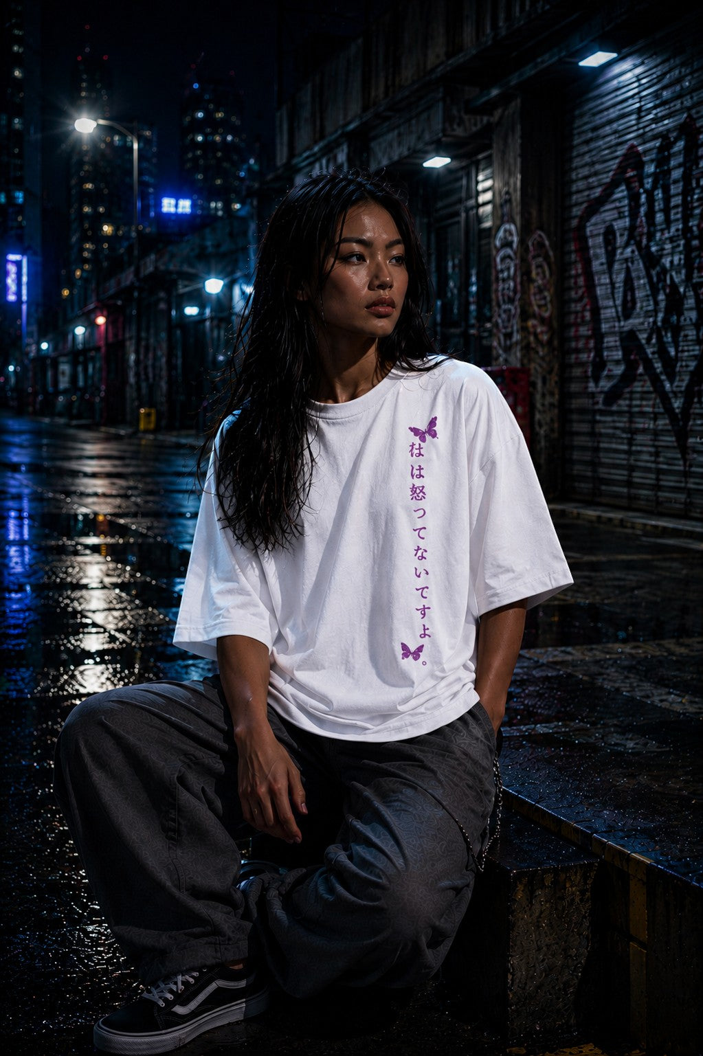 Drip&Verse white 100% cotton oversized t-shirt with drop shoulders, featuring purple Japanese text and butterfly graphics on the left chest.