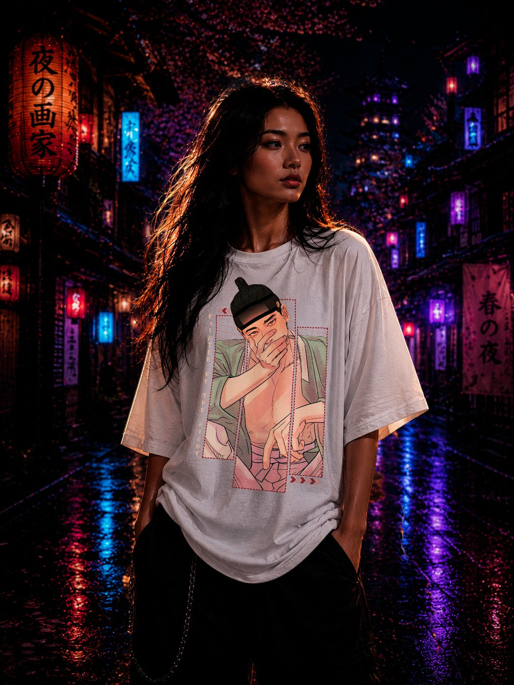 Drip&Verse white oversized 100% cotton t-shirt with a graphic print of a man in traditional Korean attire. Loose fit, crew neck.