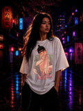 Drip&Verse white oversized 100% cotton t-shirt with a graphic print of a man in traditional Korean attire. Loose fit, crew neck.