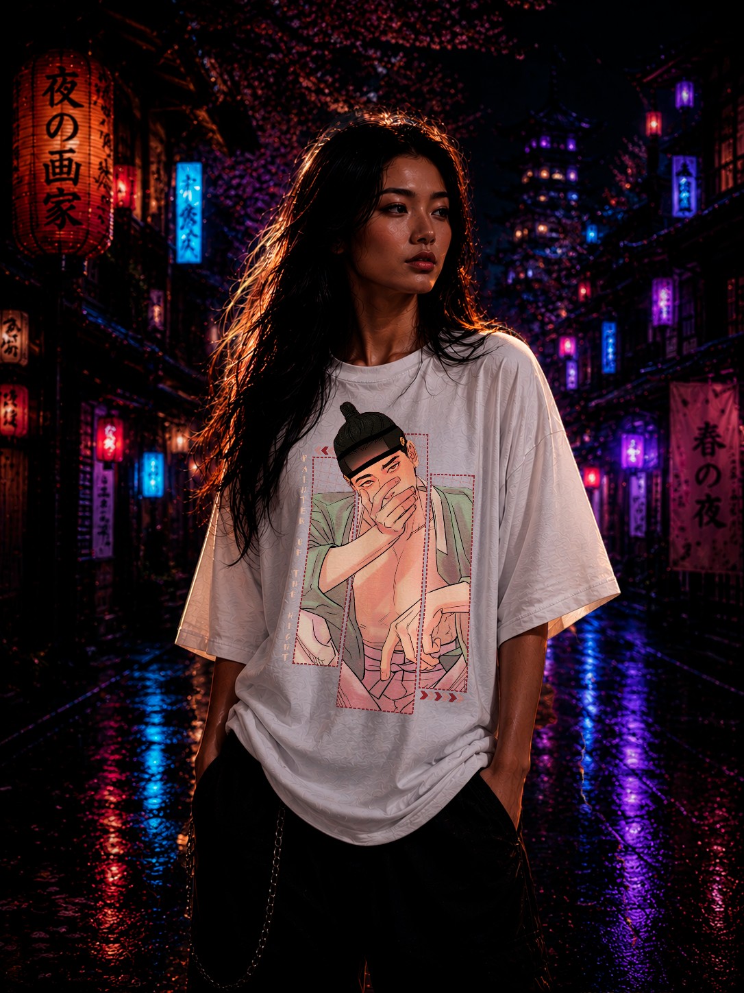 Drip&Verse white oversized 100% cotton t-shirt with a graphic print of a man in traditional Korean attire. Loose fit, crew neck.