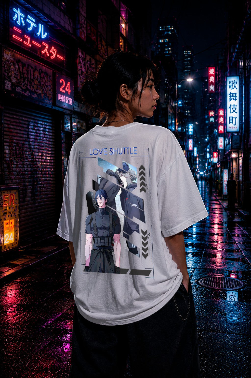 Drip&Verse white 100% cotton oversized t-shirt with a graphic print of two anime characters and the text "LOVE SHUTTLE" on the back. Model is 5'11" wearing a size M.