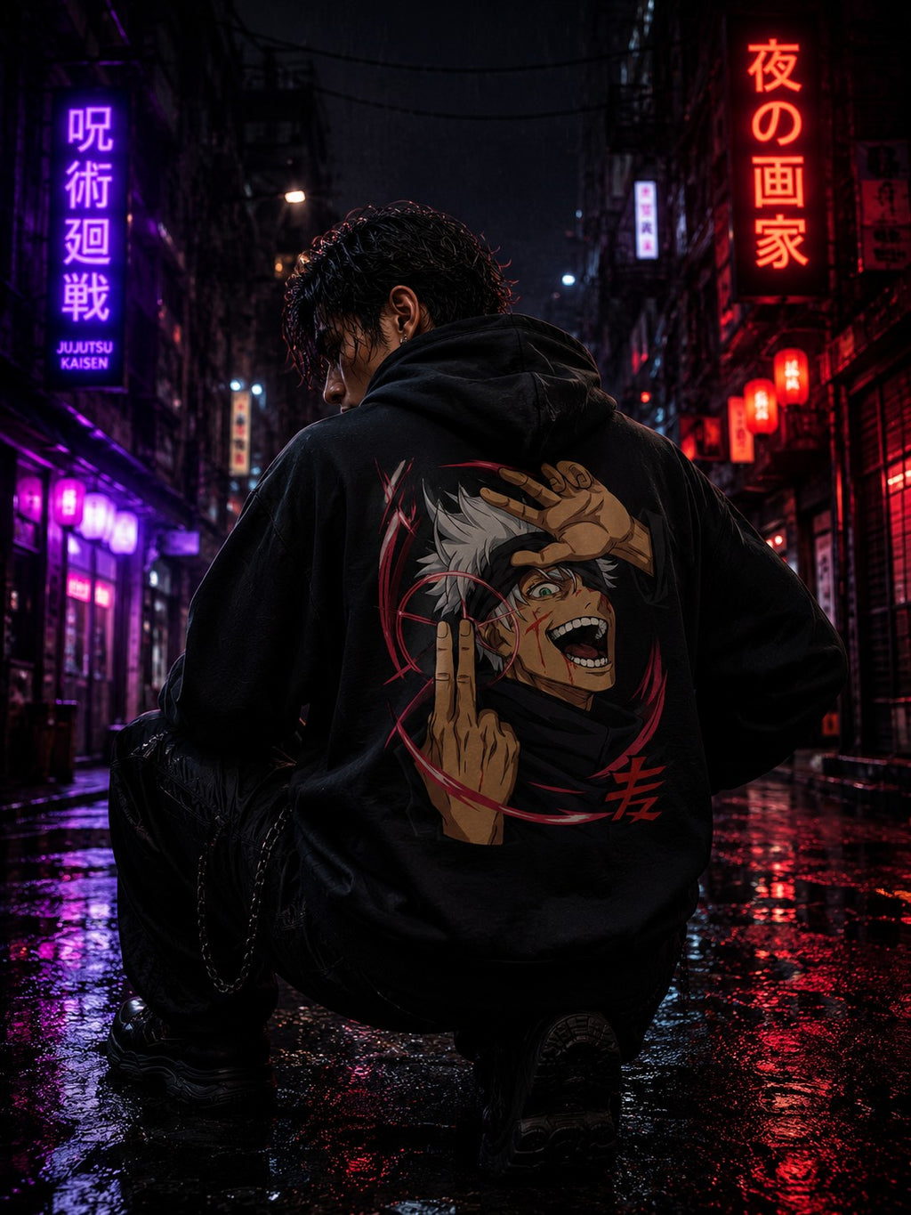 Drip&Verse black boxy fleece hoodie with anime art graphic on back and Japanese text. Model wearing hoodie in a dark, rainy city street.