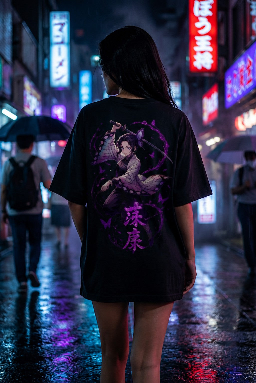 Drip&Verse black 100% cotton oversized tee with a purple butterfly warrior anime graphic and Japanese kanji.
