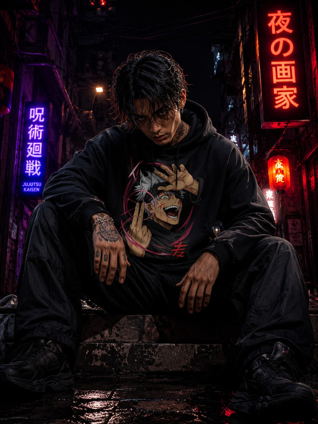 Drip&Verse black boxy fleece hoodie with anime art graphic on front, featuring a character with pink energy and red kanji.