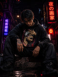 Drip&Verse black boxy fleece hoodie with anime art graphic on front, featuring a character with pink energy and red kanji.